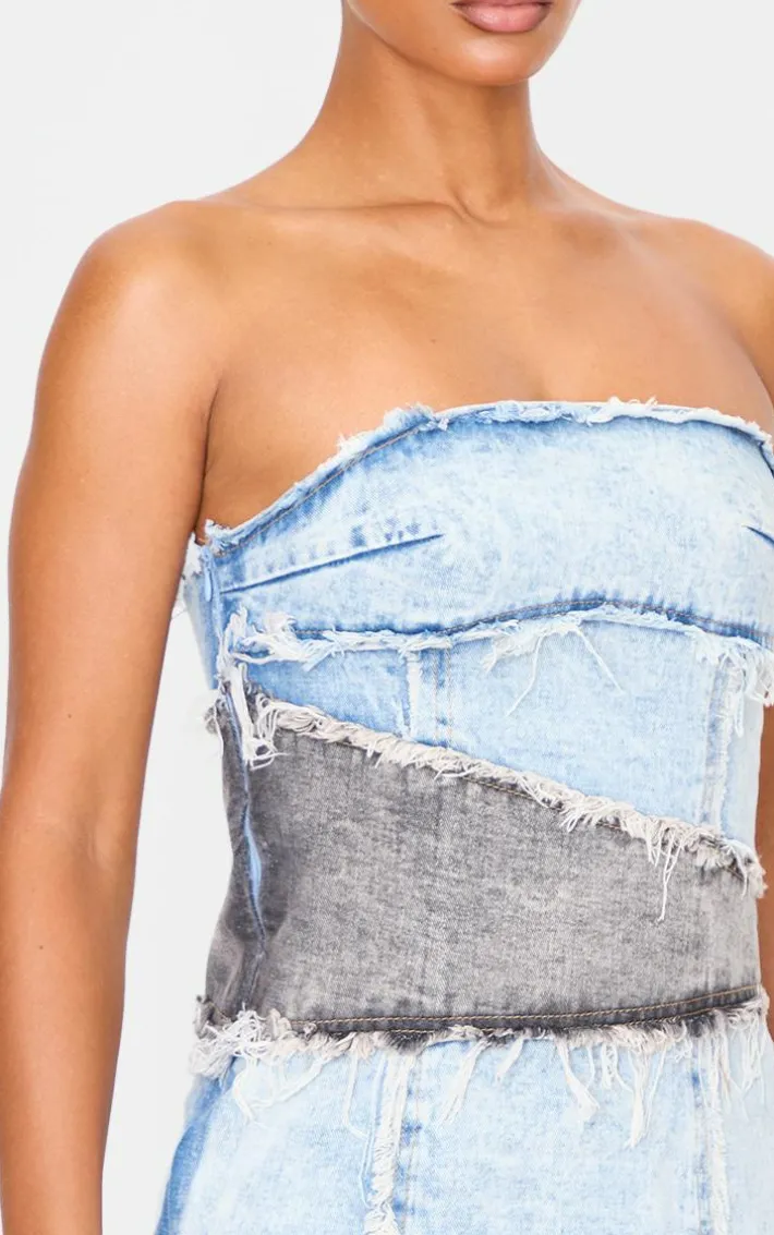Blue Layered Denim Bandeau Mini Dress