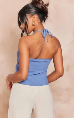 Blue Linen Button Detail Halterneck Split Front Longline Cami Top