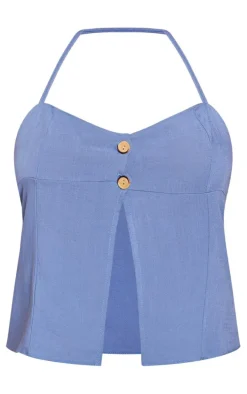 Blue Linen Button Detail Halterneck Split Front Longline Cami Top