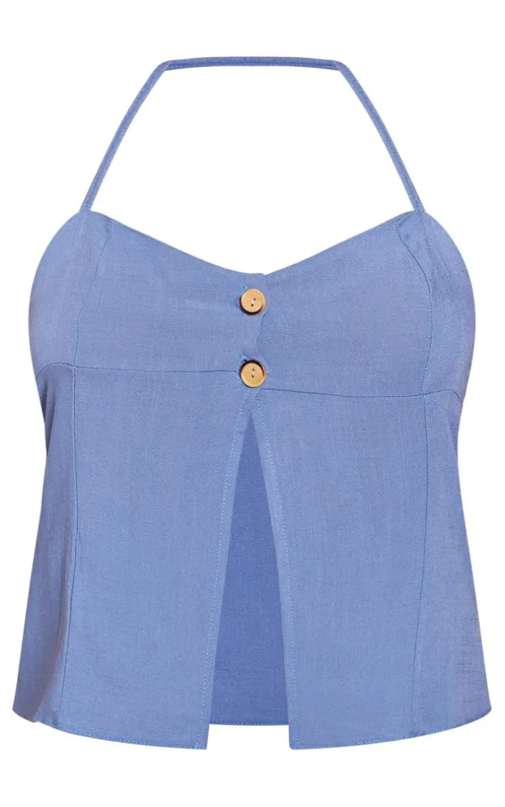 Blue Linen Button Detail Halterneck Split Front Longline Cami Top