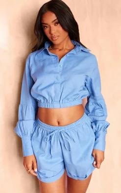 Blue Linen Look Elastic Waist Button Up Detail Cropped Shirt