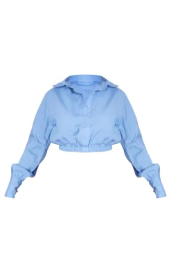 Blue Linen Look Elastic Waist Button Up Detail Cropped Shirt