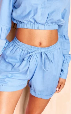 Blue Linen Look Elastic Waist Tie Detail Shorts