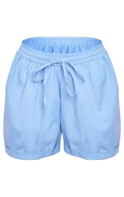 Blue Linen Look Elastic Waist Tie Detail Shorts