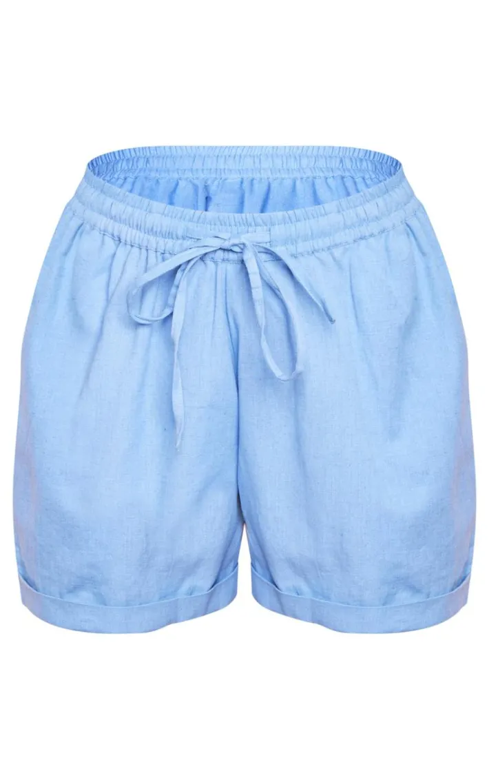 Blue Linen Look Elastic Waist Tie Detail Shorts