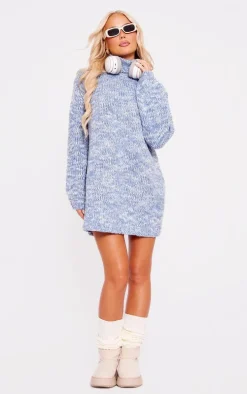 Blue Marl Chunky Knit Roll Neck Sweater Dress