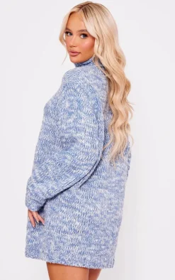 Blue Marl Chunky Knit Roll Neck Sweater Dress