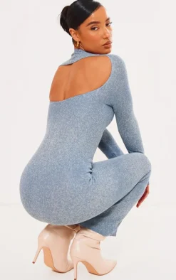 Blue Marl Knit Long Sleeve Open Back Maxi Dress