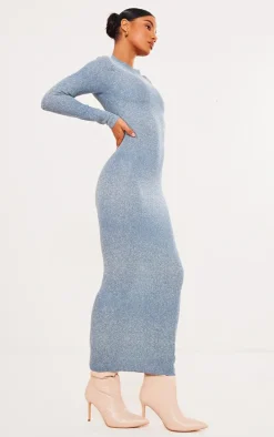 Blue Marl Knit Long Sleeve Open Back Maxi Dress