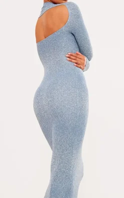 Blue Marl Knit Long Sleeve Open Back Maxi Dress