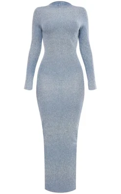 Blue Marl Knit Long Sleeve Open Back Maxi Dress