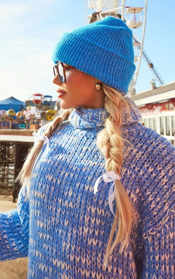 Blue Marled Chunky Roll Neck Sweater Dress