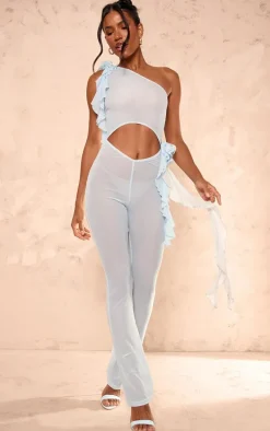 Blue Mesh Rose Applique Cut Out Jumpsuit