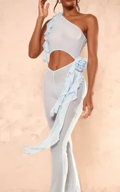 Blue Mesh Rose Applique Cut Out Jumpsuit