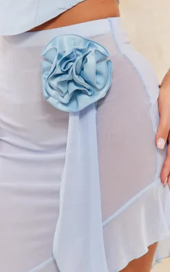 Blue Mesh Rosette Trim Ruffle Detail Midi Skirt