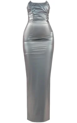 Blue Metallic Acetate Pointed Hem Maxi Dress