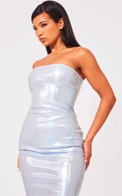 Blue Metallic Faux Leather Bandeau Maxi Dress
