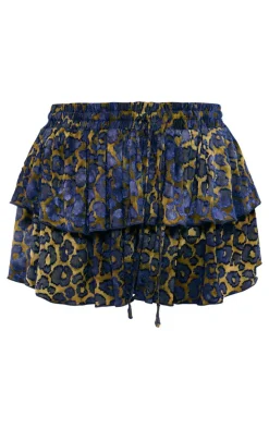 Blue Mixed Leopard Devore Drawstring Rara Skirt