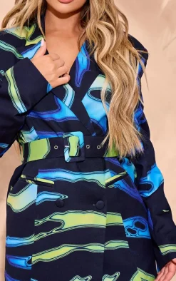 Blue Multi Print Structured Tie Waist Blazer Dress