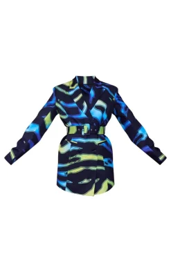 Blue Multi Print Structured Tie Waist Blazer Dress