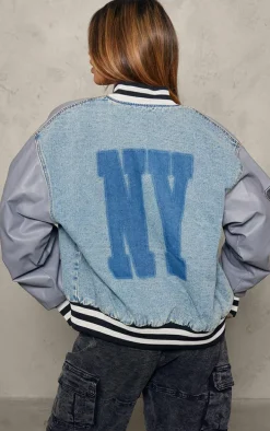 Blue New York Button Up Oversized Denim Varsity Jacket