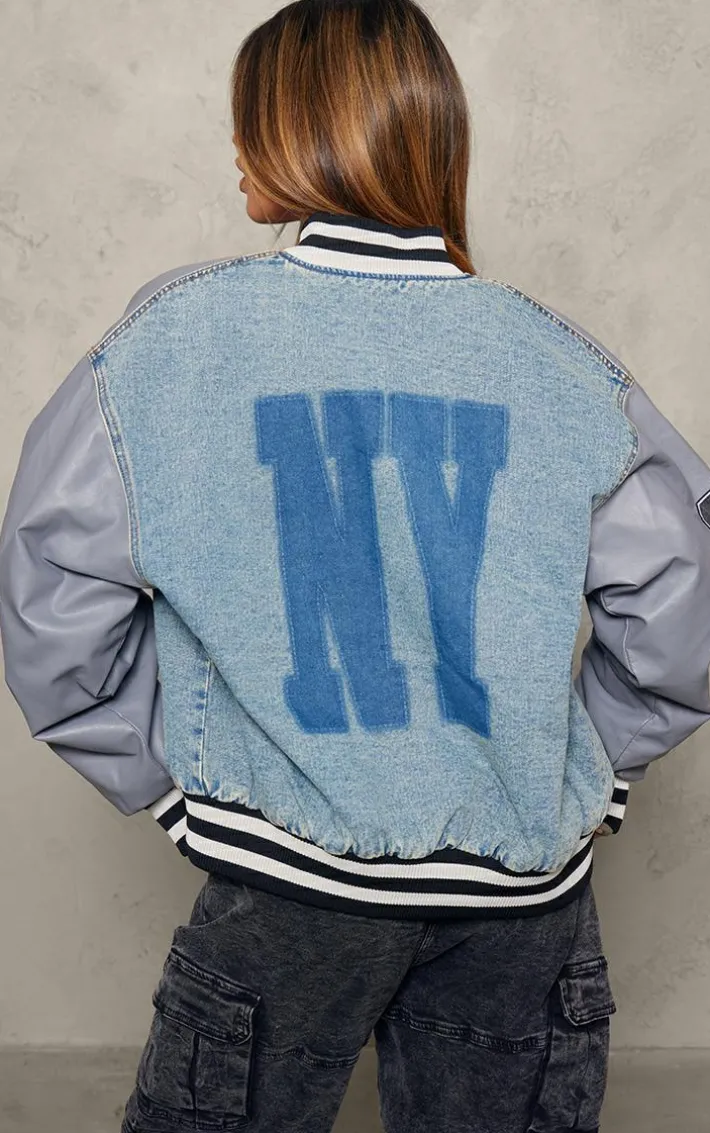 Blue New York Button Up Oversized Denim Varsity Jacket