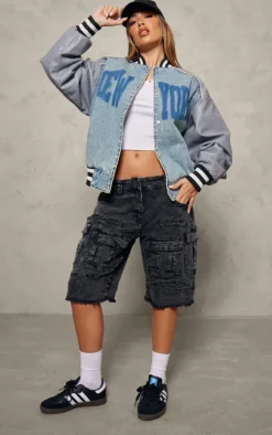 Blue New York Button Up Oversized Denim Varsity Jacket