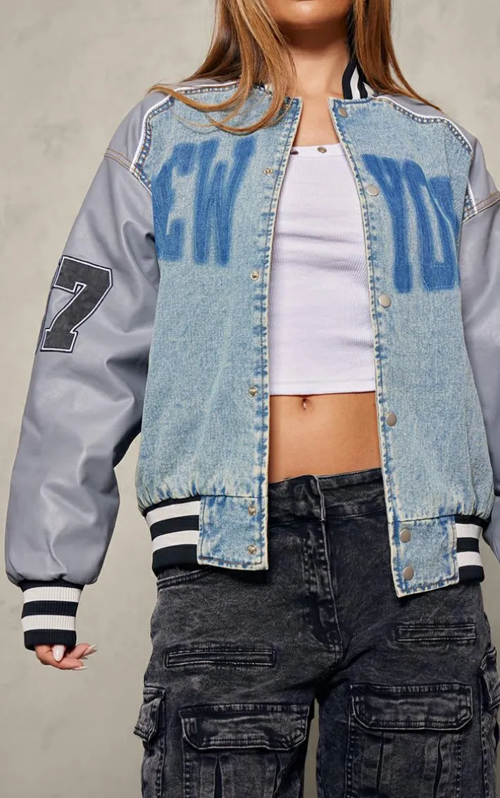 Blue New York Button Up Oversized Denim Varsity Jacket