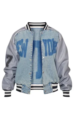 Blue New York Button Up Oversized Denim Varsity Jacket