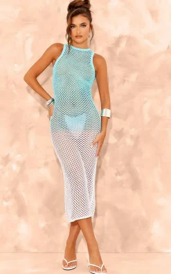 Blue Ombre Crochet Racer Neck Maxi Dress