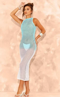 Blue Ombre Crochet Racer Neck Maxi Dress