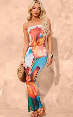 Blue Onion Skin Bandeau Orchid Print Maxi Dress