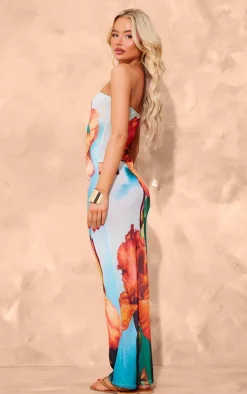 Blue Onion Skin Bandeau Orchid Print Maxi Dress