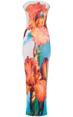 Blue Onion Skin Bandeau Orchid Print Maxi Dress