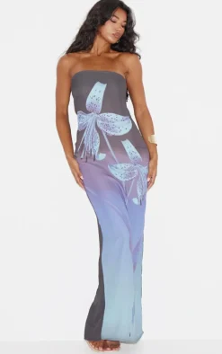 Blue Oversized Chiffon Floral Print Bandeau Maxi Dress