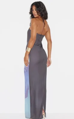 Blue Oversized Chiffon Floral Print Bandeau Maxi Dress