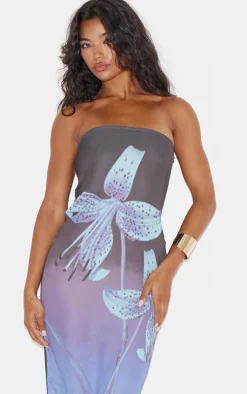 Blue Oversized Chiffon Floral Print Bandeau Maxi Dress