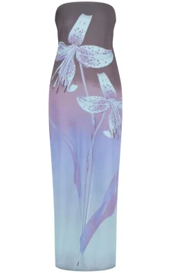 Blue Oversized Chiffon Floral Print Bandeau Maxi Dress