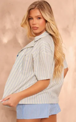 Blue Oversized Stripe Short Sleeve Shirt