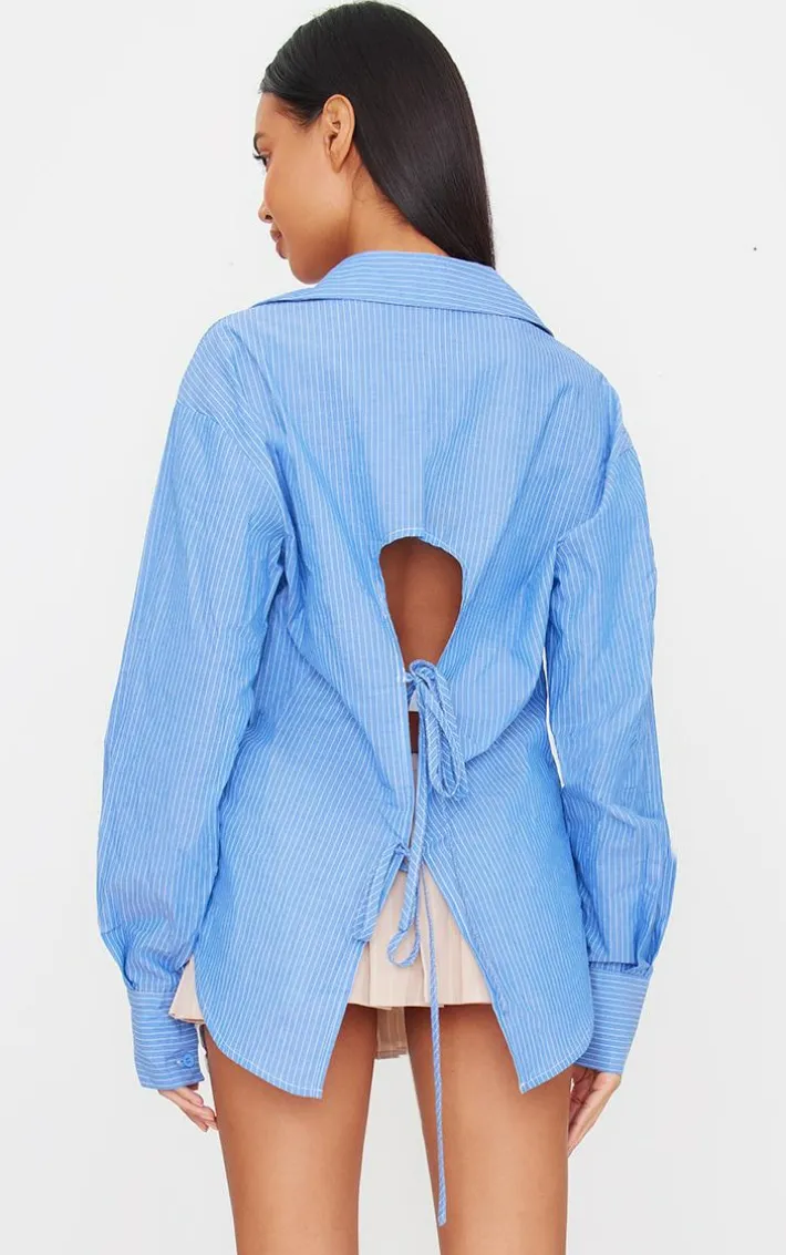 Blue Oversized Striped Cut Out Back Shirt
