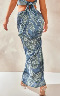 Blue Paisley Printed Satin Tie Waist Knot Front Midaxi Skirt