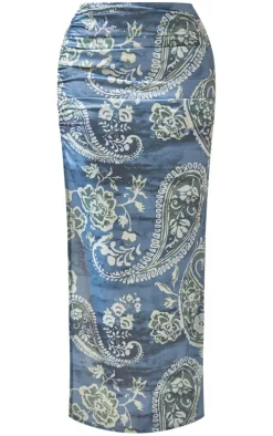 Blue Paisley Printed Satin Tie Waist Knot Front Midaxi Skirt