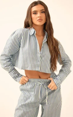 Blue Pinstripe Woven Cropped Shirt