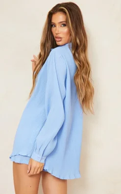 Blue Plisse Button Front Oversized Shirt
