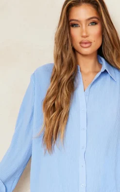 Blue Plisse Button Front Oversized Shirt