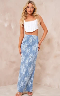 Blue Premium Lace Jacquard Lace Up Detail Maxi Skirt