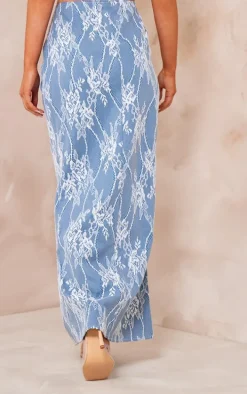Blue Premium Lace Jacquard Lace Up Detail Maxi Skirt