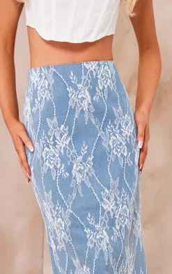 Blue Premium Lace Jacquard Lace Up Detail Maxi Skirt