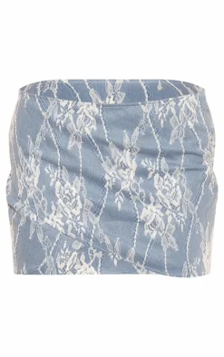 Blue Premium Lace Jacquard Wrap Front Mini Skirt