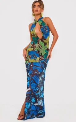 Blue Print Mesh Extreme Cut Out Maxi Dress